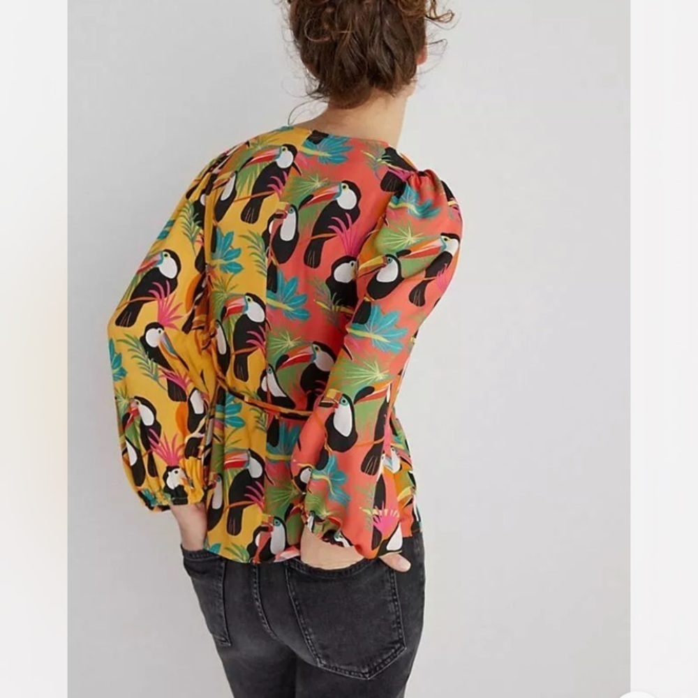 🎉RARE🎉Anthropologie NWT Farm Rio Rainforest Wrap Blouse Toucans Tropical Birds S - Picture 4 of 16
